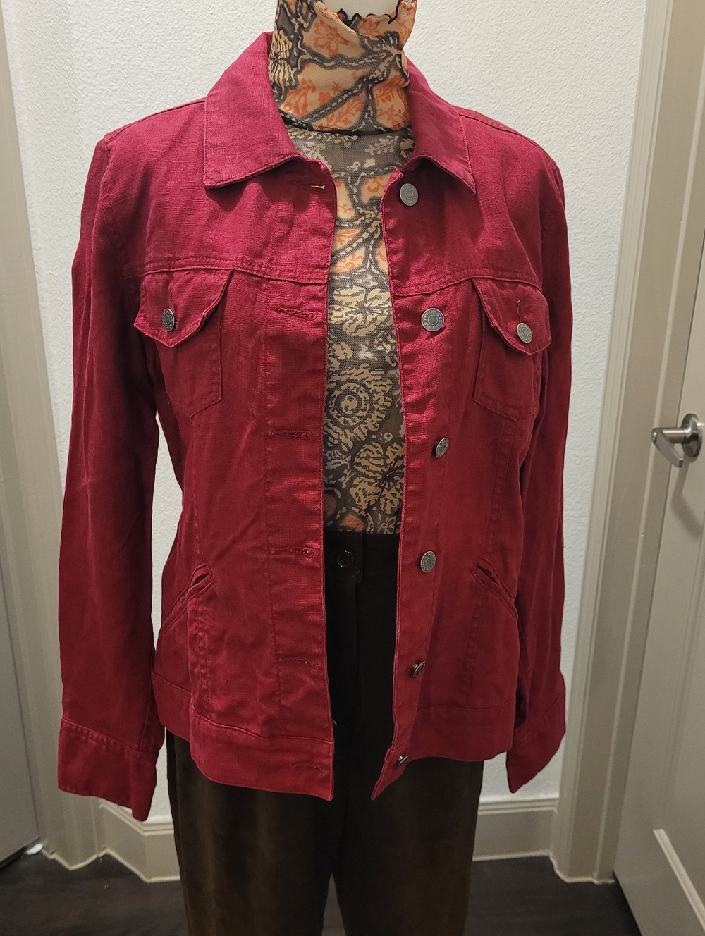 Eddie Bauer 100% Linen Trucker Jacket Red Boho Lightweight Utility Coat M